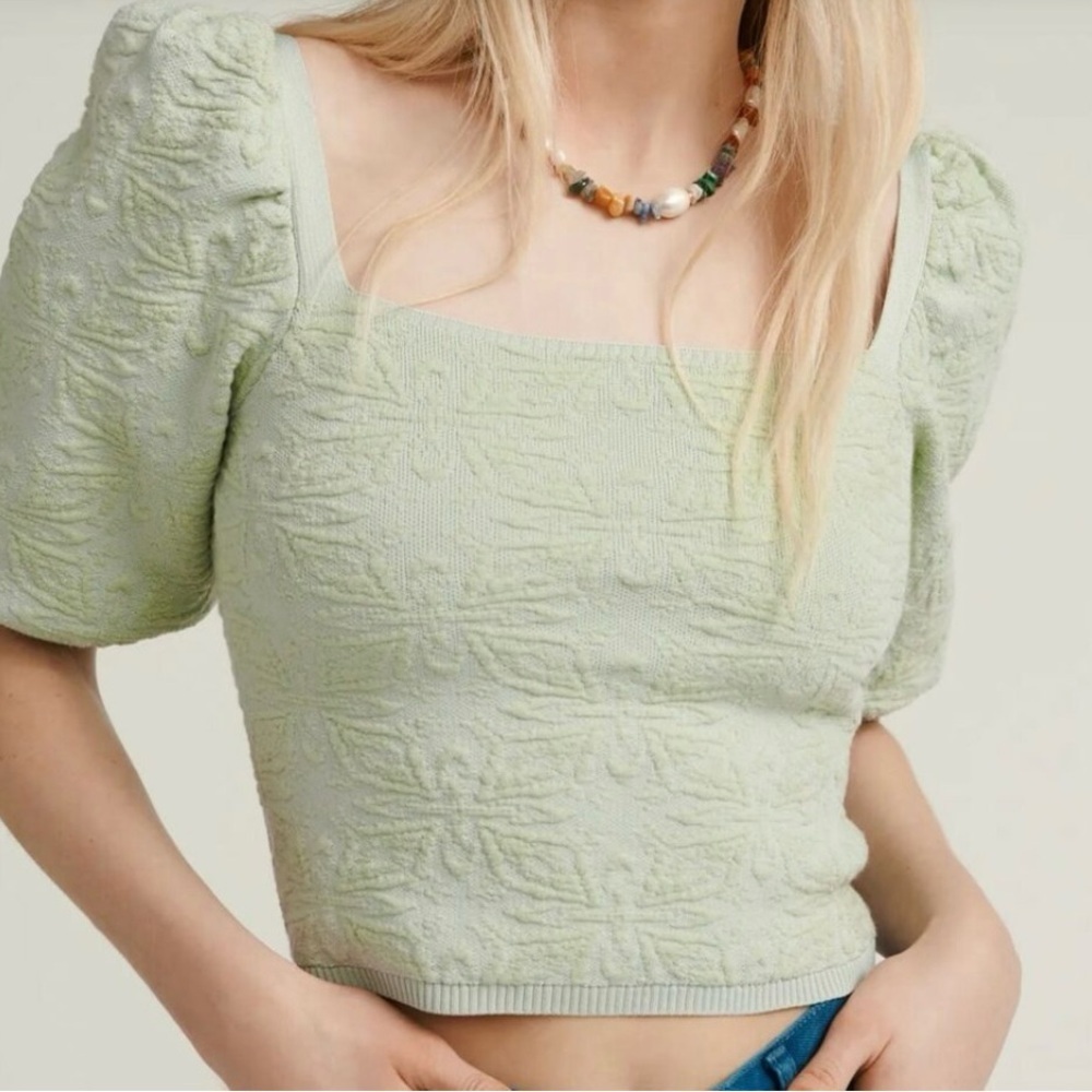 Zara Green Puff Sleeve‎ Crop Blouse